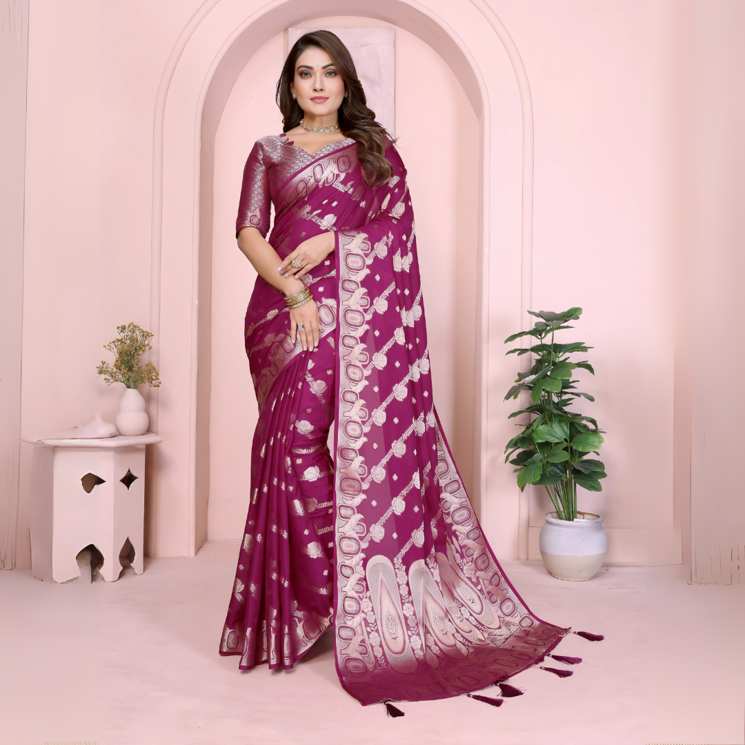 Wine Zari Weaving Soft Georgette Banarasi Silk Saree