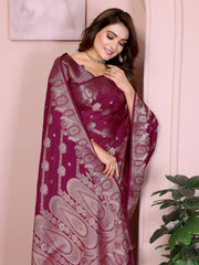 Wine Zari Weaving Soft Georgette Banarasi Silk Saree