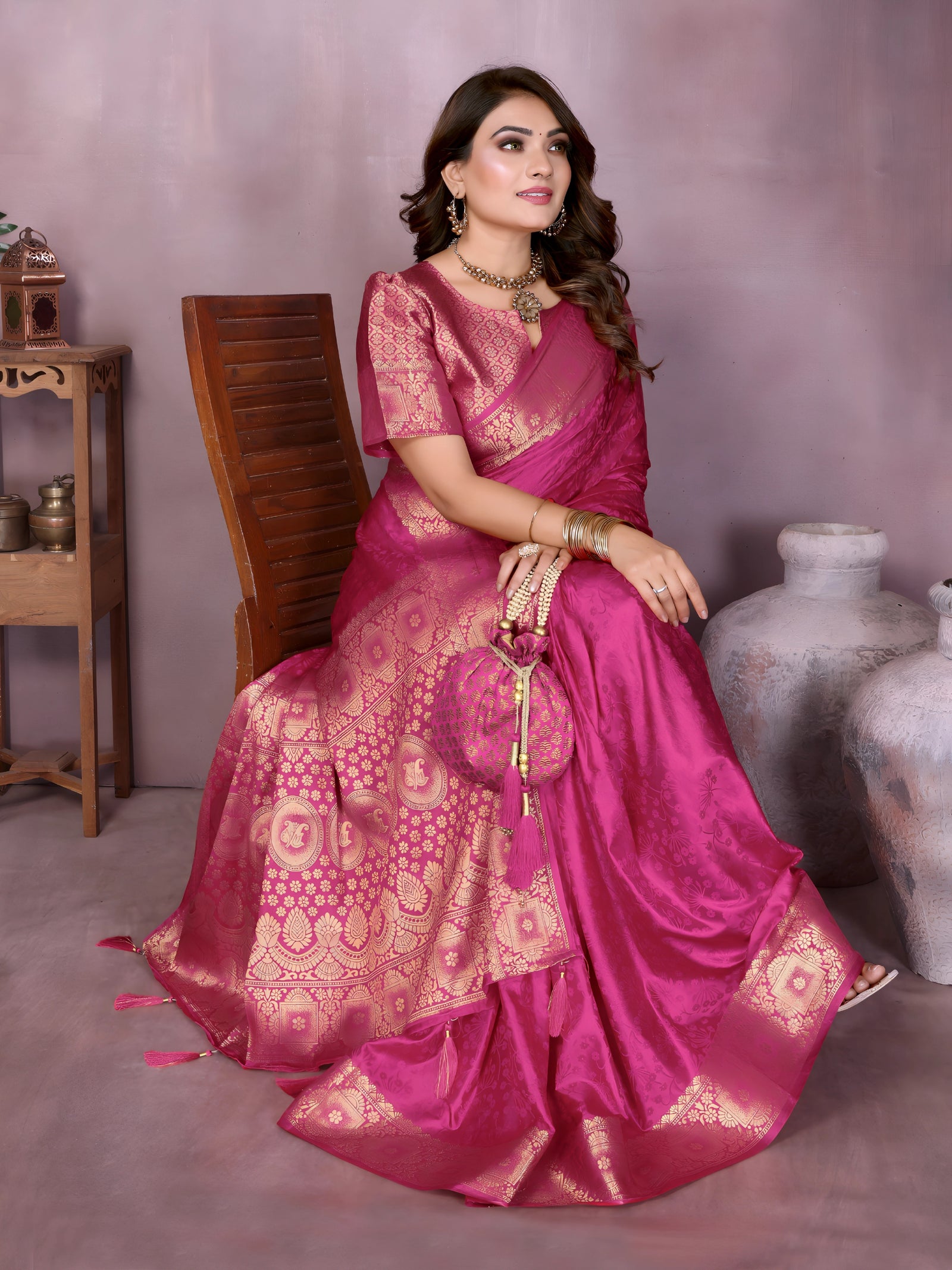 Dark Pink Zari Weaving Soft Satin Silk Saree
