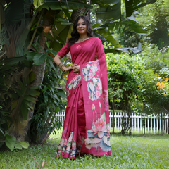 A woman models a stunning Deep Fuchsia Pink Soft Tussar Silk Saree. The saree features a large-scale digital print of colorful floral and lotus motifs in light pink, white, blue, and green on the pallu and lower drape. She wears a matching short-sleeve pink blouse and a gold choker necklace, posing outdoors in a garden setting.