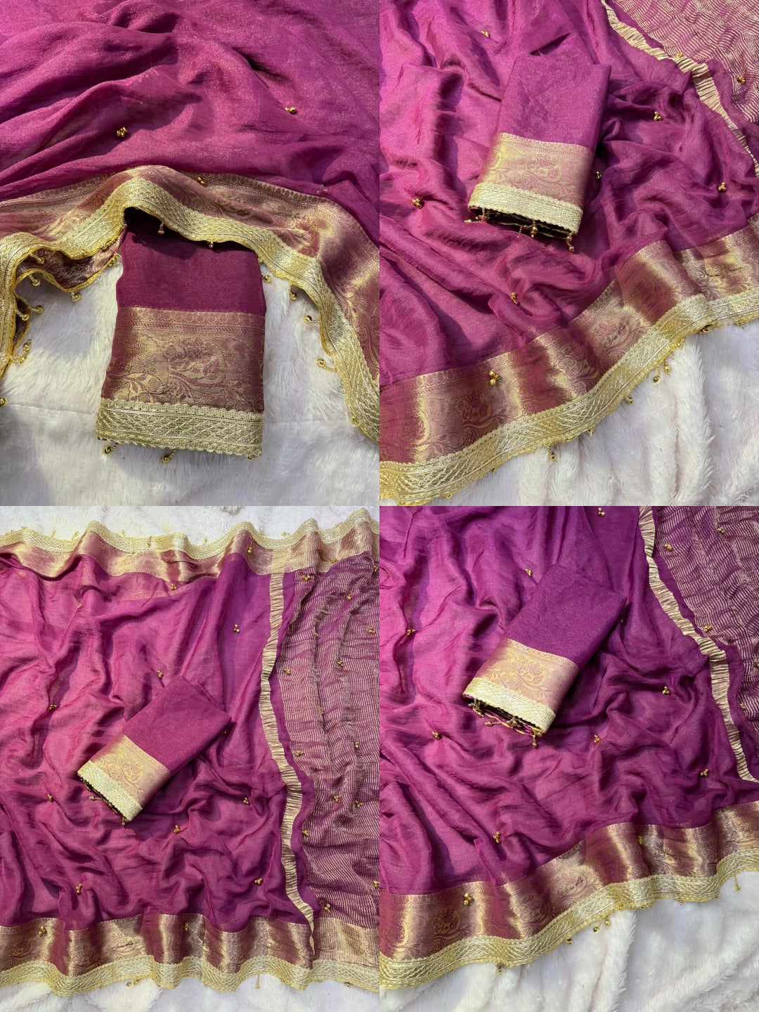 Magenta Ghungroo Work with Fancy Moti Lace Saree detail views