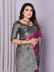 Wine Grey Zari Weaving Satin Silk Saree