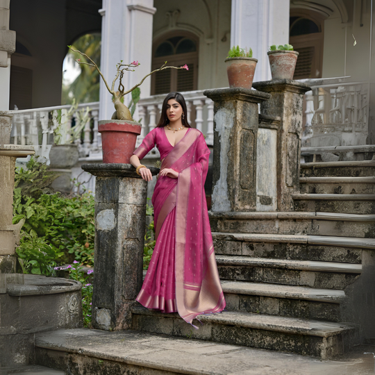 A woman models a stunning Rani Pink Soft Silk Saree. The saree features a wide, dual-toned metallic gold and pink Zari woven border and subtle metallic motifs on the body. She wears a matching pink short-sleeve blouse and a gold choker necklace, posing outdoors on an ornate stone staircase.