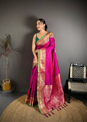 Magenta Zari Weaving Saree full front drape – KS373