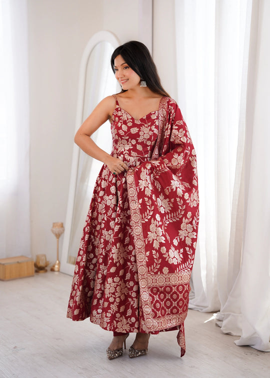 Maroon Banarasi Jacquard Anarkali suit with pant and dupatta – front view