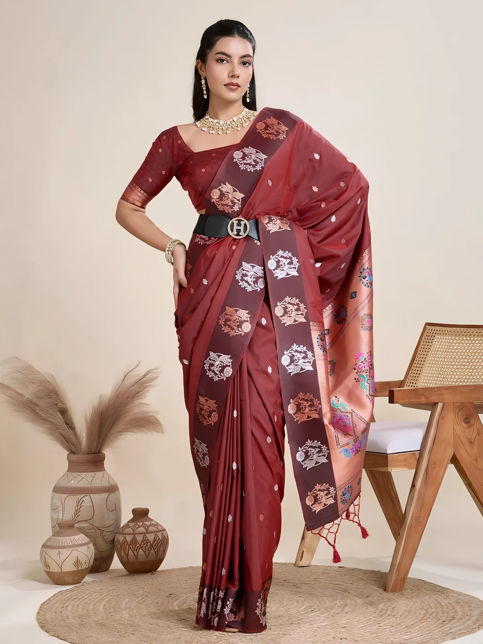 A woman models a luxurious Dark Maroon Soft Silk Saree. The saree features scattered metallic motifs and a wide, contrasting peach/copper pallu panel richly woven with multi-colored traditional figurative and floral designs. She wears a matching brown blouse and heavy gold Kundan jewelry, posing indoors.