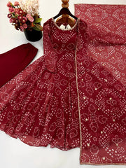 Maroon Bandhani Print Suit KU258 flat lay straight pant dupatta flowers