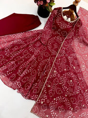 Maroon Bandhani Print Suit Straight Pant Dupatta KU258 flat lay complete set