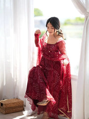 Maroon Faux Georgette Suit KU258 model full length festive shot
