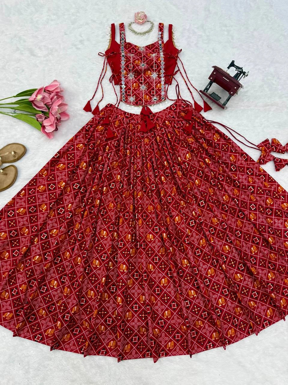 Maroon Navratri Lehenga Full Set Flat Lay – KL204 – Kalyanja