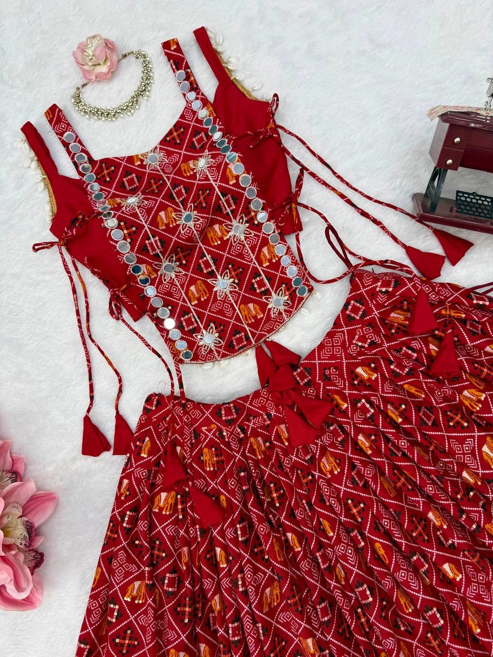 Maroon Digital Print Mirror Lehenga Choli Flat Lay Detail – KL204 – Kalyanja