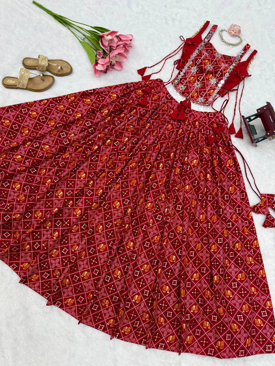 Maroon Rajasthani Lehenga Skirt Print Close Up Flat Lay – KL204 – Kalyanja