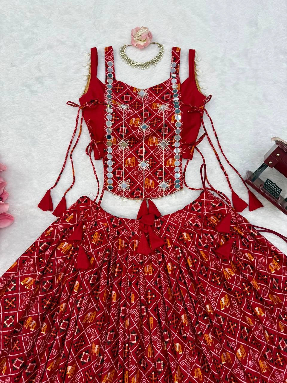 Maroon Thread Mirror Lehenga Choli Front Detail Flat Lay – KL204 – Kalyanja