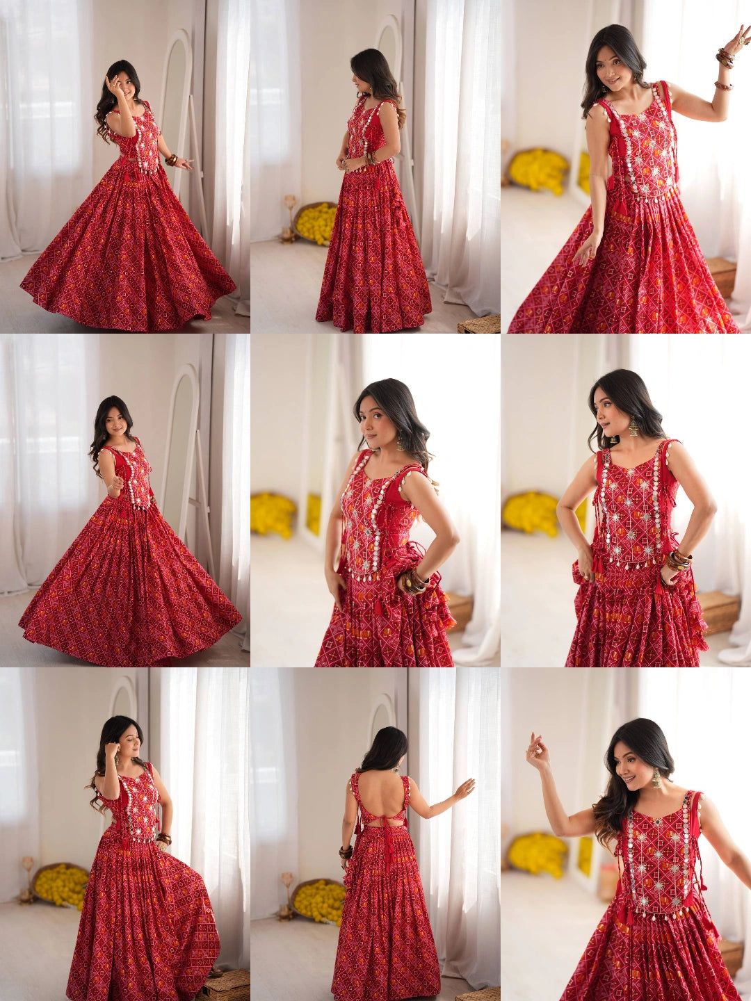 Maroon Digital Print Mirror Work Lehenga All Angles Collage – KL204 – Kalyanja
