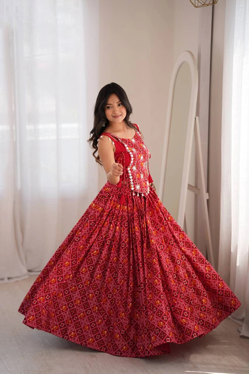 Maroon Digital Print Mirror Work Lehenga Full Flair Front View – KL204 – Kalyanja