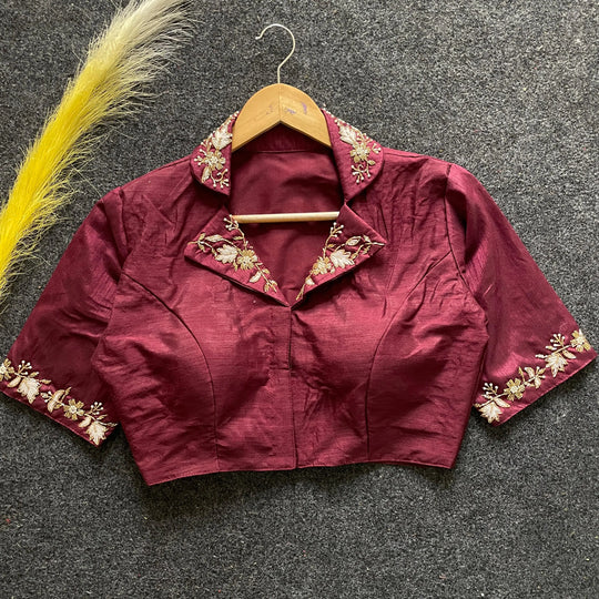 Maroon embroidery work Banglori silk blouse with intricate design, ideal for reception, sangeet, and festive celebrations.