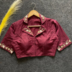 Maroon embroidery work Banglori silk blouse with intricate design, ideal for reception, sangeet, and festive celebrations.