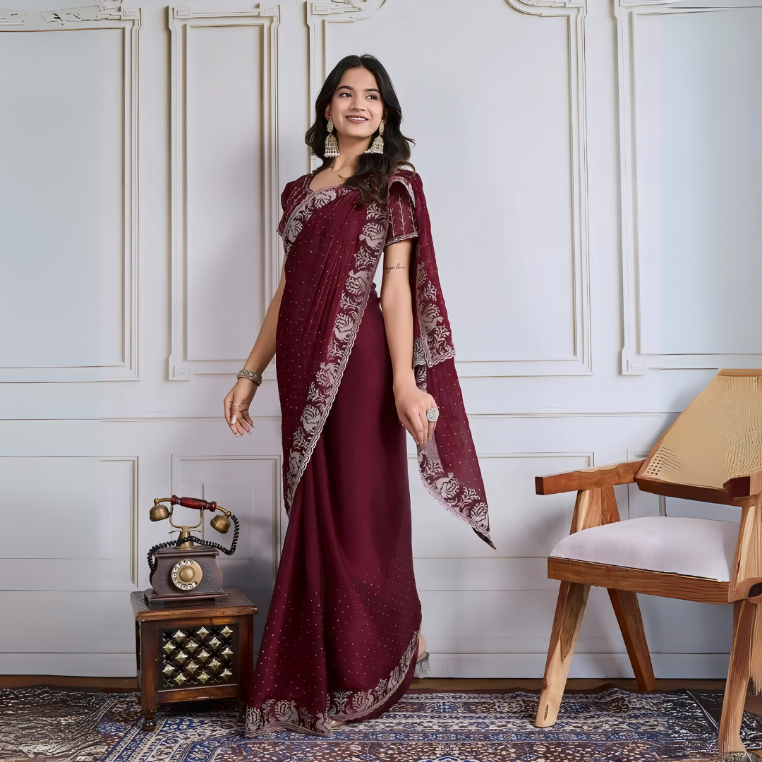 Maroon Swarovski & Embroidery Work Fendy Chiffon Silk
