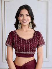 Maroon Swarovski & Embroidery Work Fendy Chiffon Silk