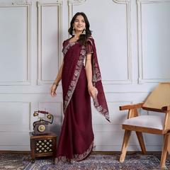 Maroon Swarovski & Embroidery Work Fendy Chiffon Silk