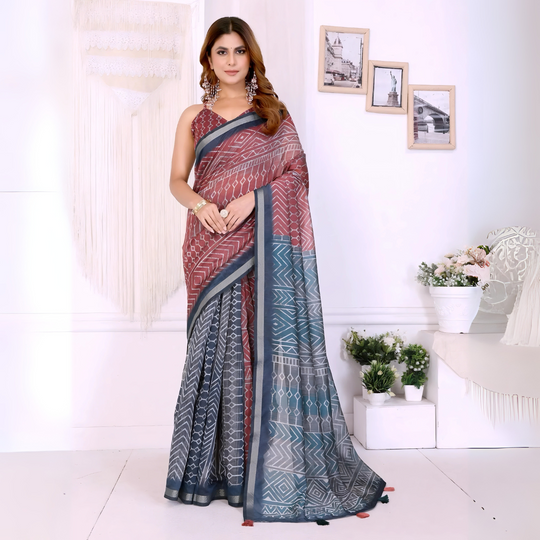 Maroon Ikkat Print with Zari Woven Cotton Saree