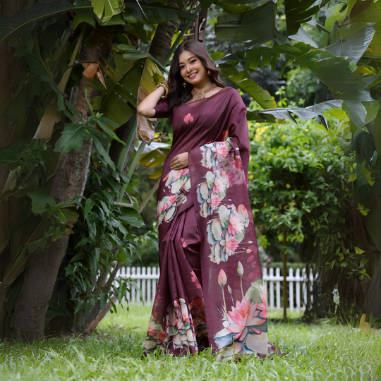 A woman models a stunning Deep Wine Soft Tussar Silk Saree. The saree features a large-scale digital print of colorful floral and lotus motifs in pink, white, and green on the pallu and lower drape. She wears a matching wine short-sleeve blouse and a gold choker necklace, posing outdoors in a bright garden setting.