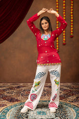 Maroon Mirror Work Coord Set dance pose arms raised Kalyanja KC21