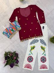 Maroon Mirror Work Coord Set flat lay three piece top blouse jeans Kalyanja KC21