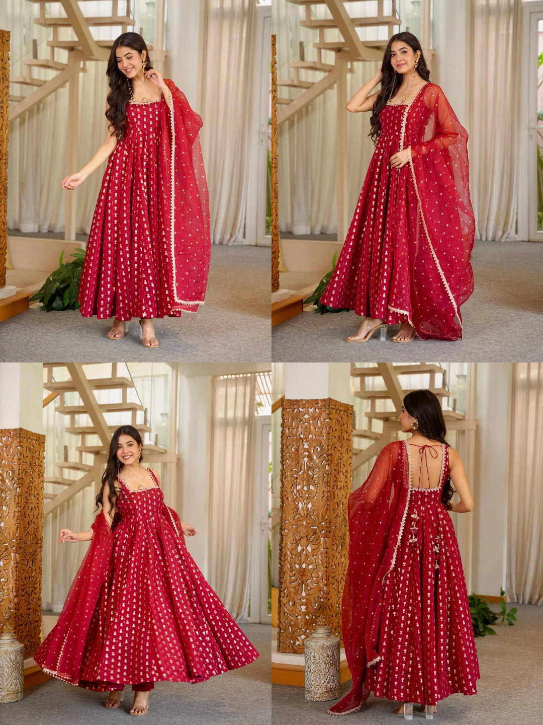 Maroon Sequins Anarkali Suit KU286 collage all views front back flat lay dupatta detail