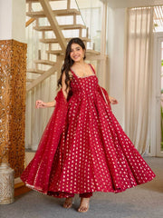 Maroon Sequins Anarkali Suit twirling showing full Anarkali flair and dupatta