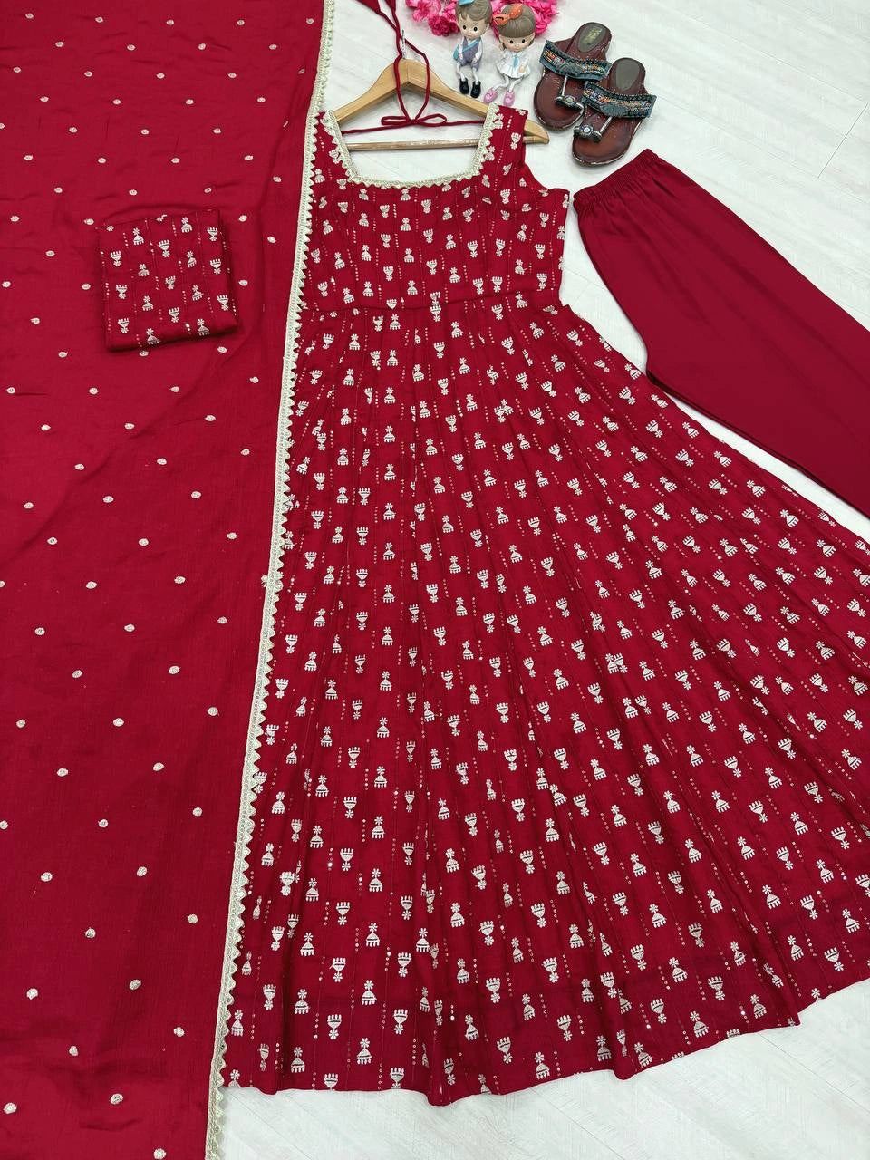 Maroon Sequins Anarkali Suit flat lay different angle showing full suit spread