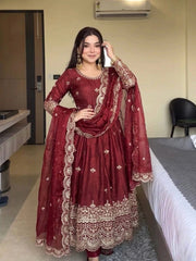 Maroon Sequins Embroidered Anarkali Suit front full-length model – Kalyanja KU299