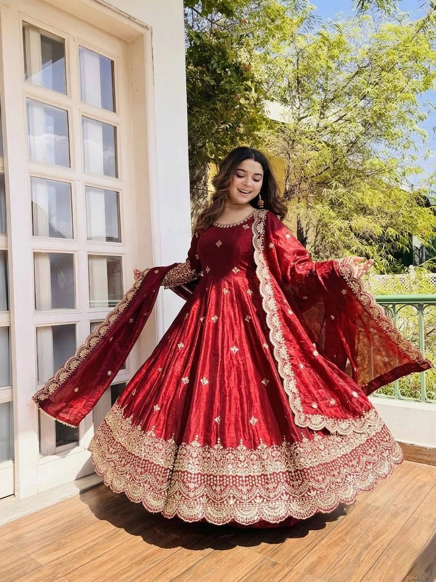 Maroon Sequins Embroidered Anarkali Suit outdoor dramatic twirl – Kalyanja KU299