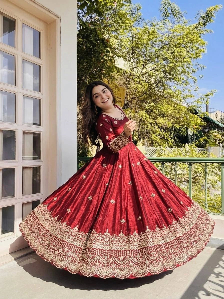Maroon Anarkali Suit outdoor full flare twirl model – Kalyanja KU299