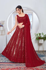 Maroon Faux Georgette Silk Lehenga side flair pose with dupatta – Kalyanja KL165