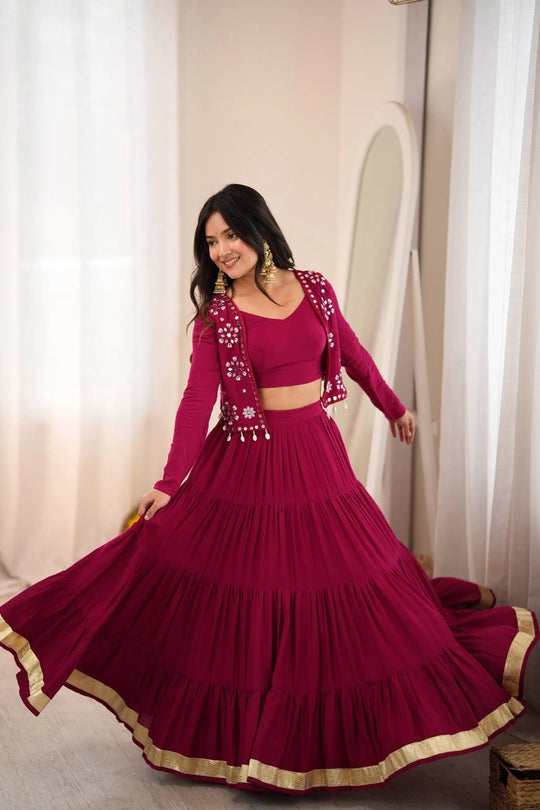 Maroon Thread Embroidered Gota Patti Mirror Lehenga Full Front View – KL200 – Kalyanja