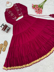 Maroon Rayon Blend Tiered Lehenga Set Full Spread Flat Lay – KL200 – Kalyanja