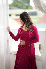 Maroon Embroidered Jacket Lehenga Window Editorial Shot – KL200 – Kalyanja