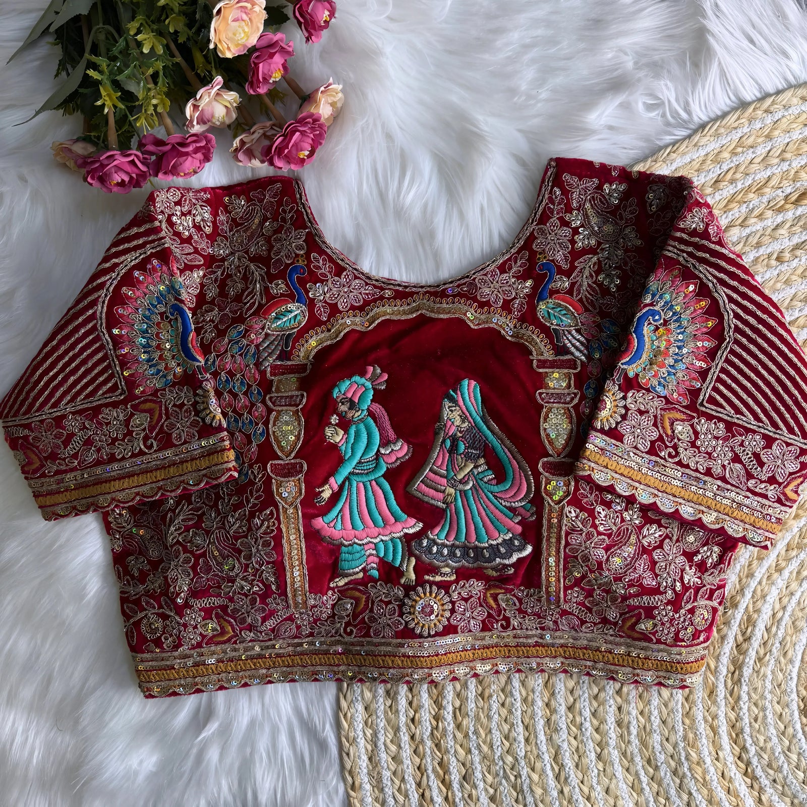Maroon silk blouse featuring intricate gold zardosi embroidery with floral and paisley motifs, sequin polka dot accents, striped geometric panels, and a colorful peacock feather design on the sleeve, displayed flat on a white fur surface with a braided mat and pink artificial flowers in the corner.