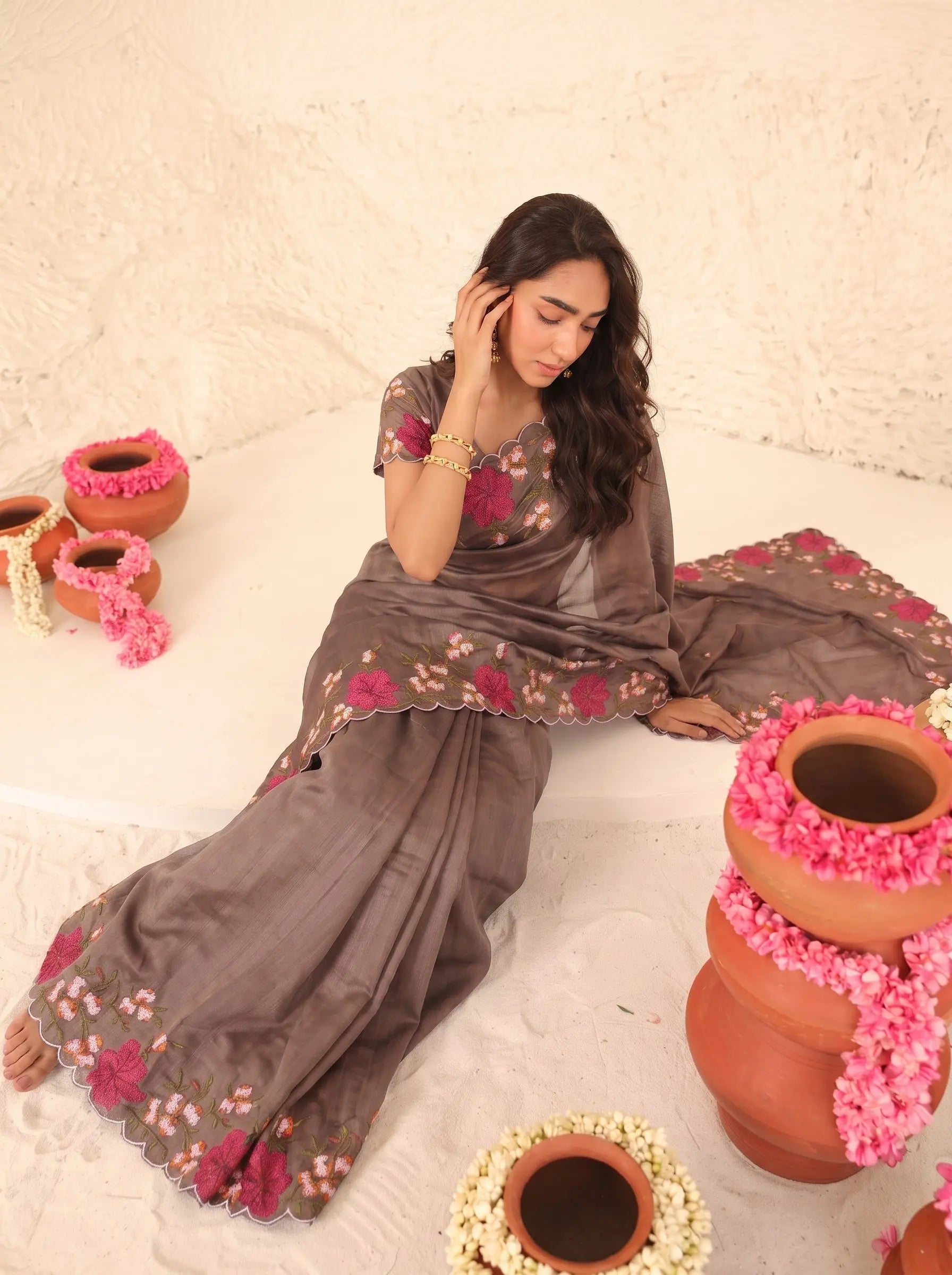 Mauve Floral Embroidered Silk Saree - Drape View - Kalyanja KS163