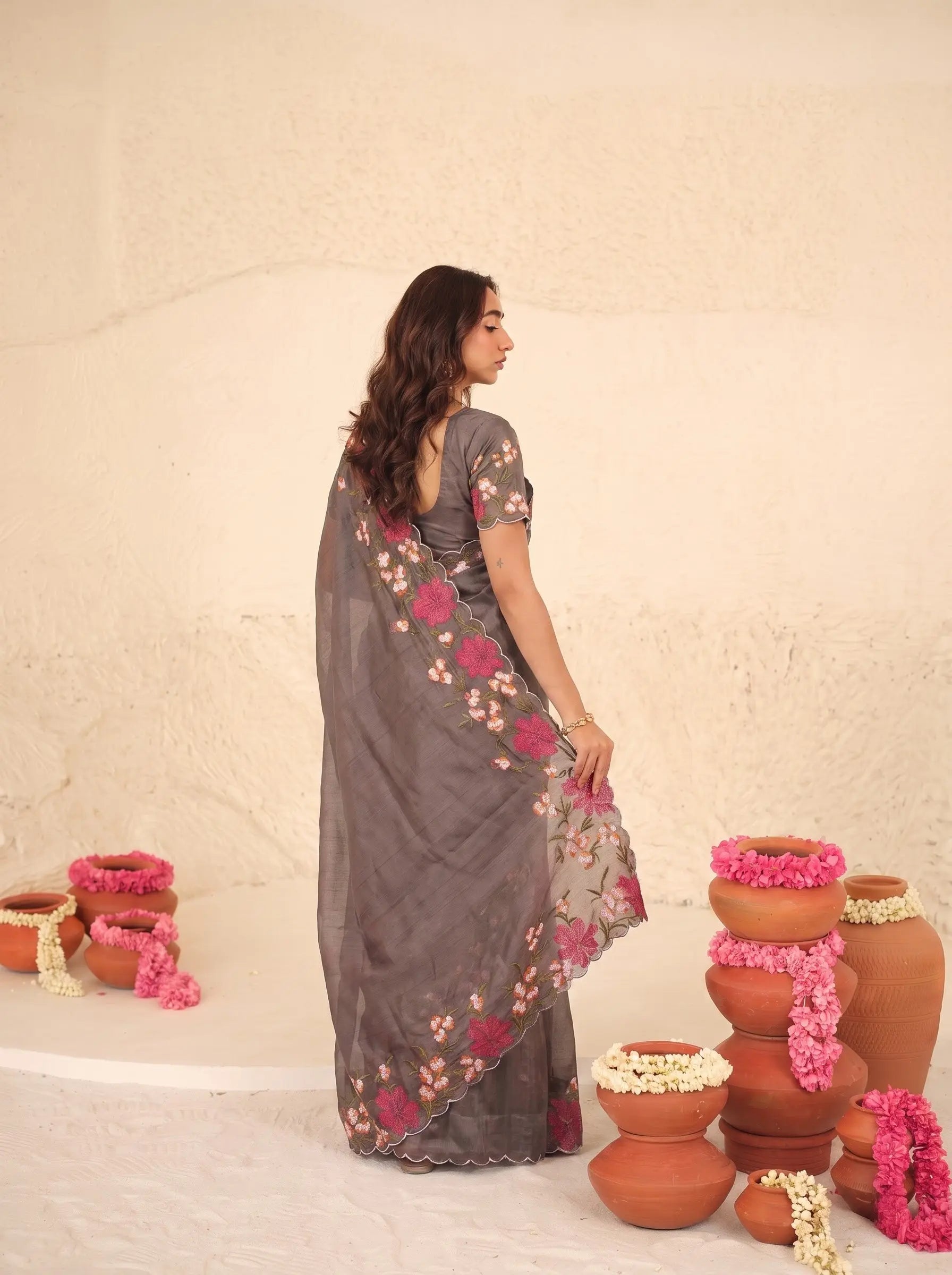 Mauve Floral Embroidered Silk Saree - Embroidery Close-up - Kalyanja KS163