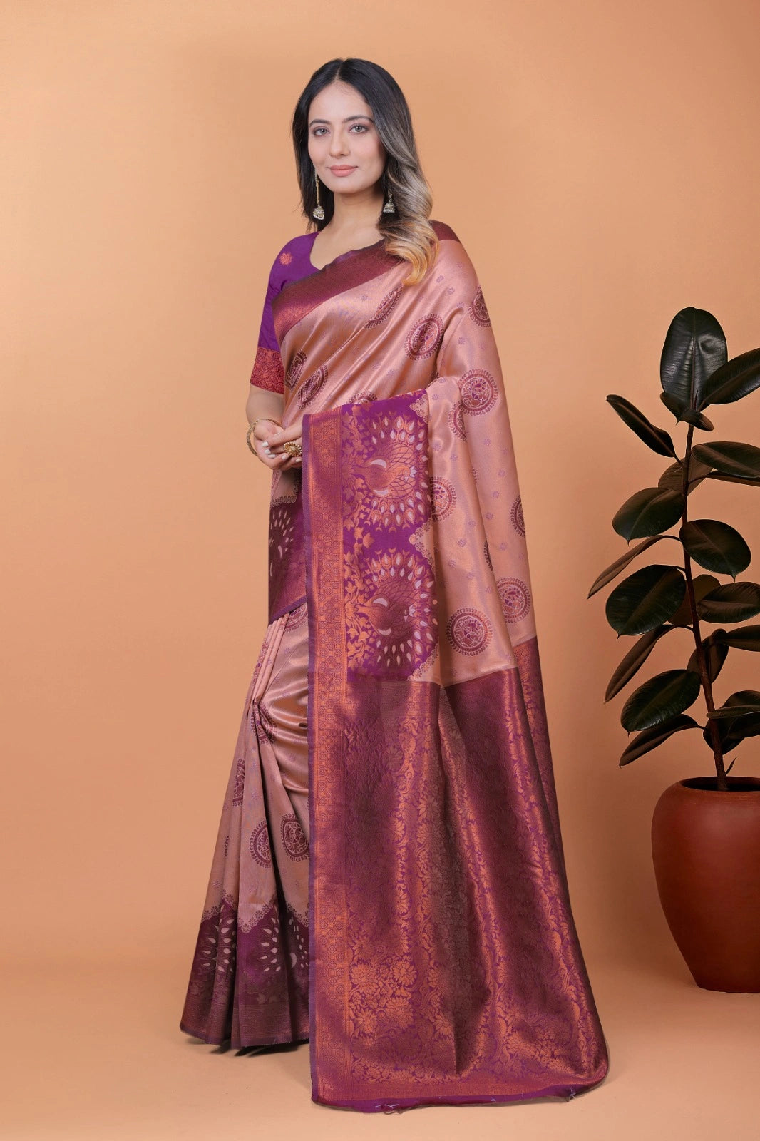 Mauve Pink Zari Weaving Saree – side view – KS396