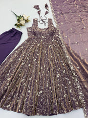 Mauve Sequins Embroidered Anarkali Suit flat lay hem border detail – Kalyanja KU300