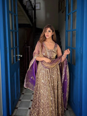 Mauve Sequins Embroidered Anarkali Suit doorway pose full-length – Kalyanja KU300