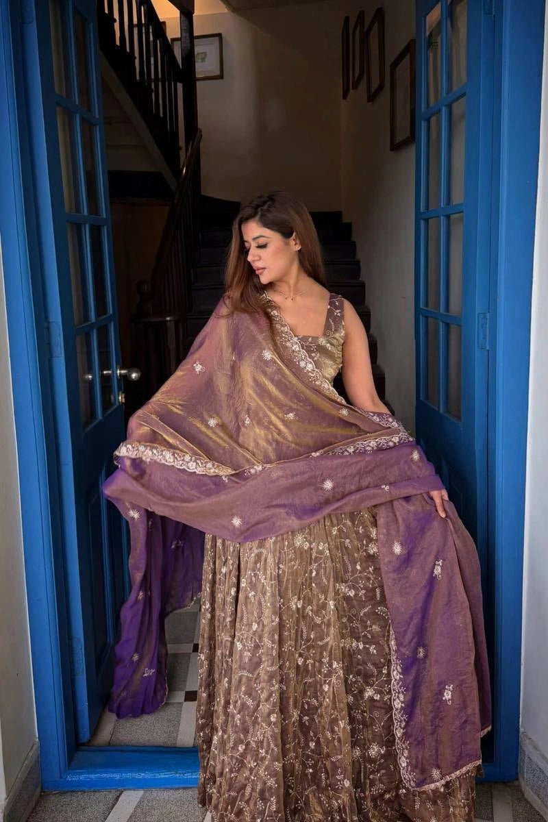 Mauve Anarkali Suit side angle with purple dupatta lifted – Kalyanja KU300