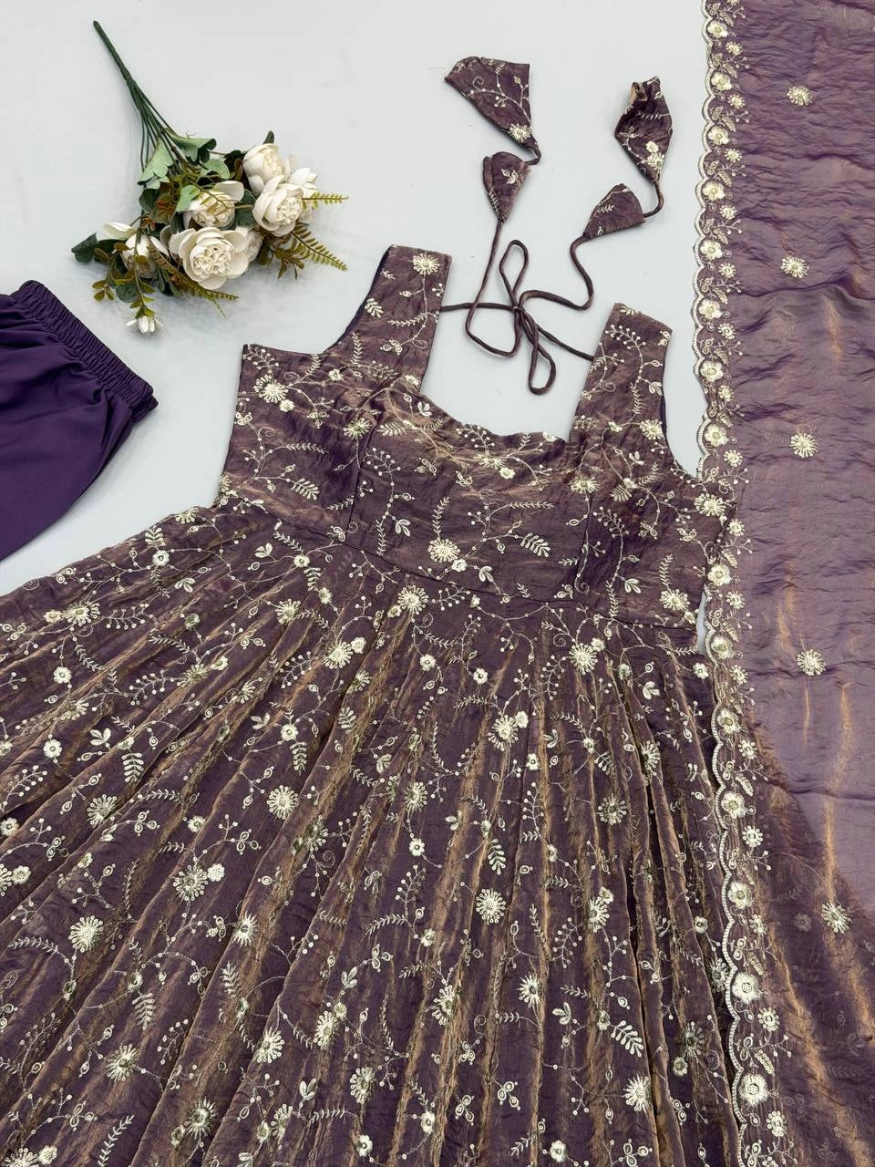 Mauve Sequins Embroidered Anarkali Suit flat lay full set with purple pant – Kalyanja KU300