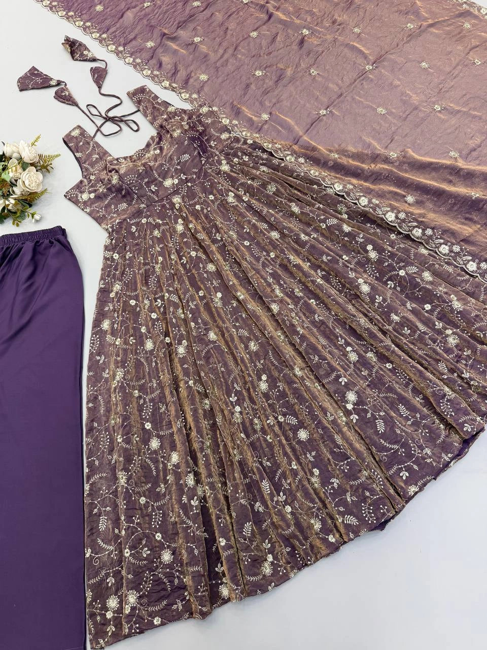 Mauve Anarkali Suit flat lay close-up sequins embroidery detail – Kalyanja KU300