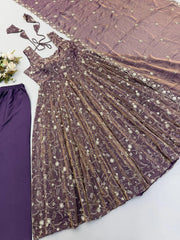 Mauve Anarkali Suit flat lay close-up sequins embroidery detail – Kalyanja KU300