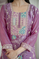 Mauve Fendy Silk Blend Sequins Embroidered Suit KU253 chest neckline close-up