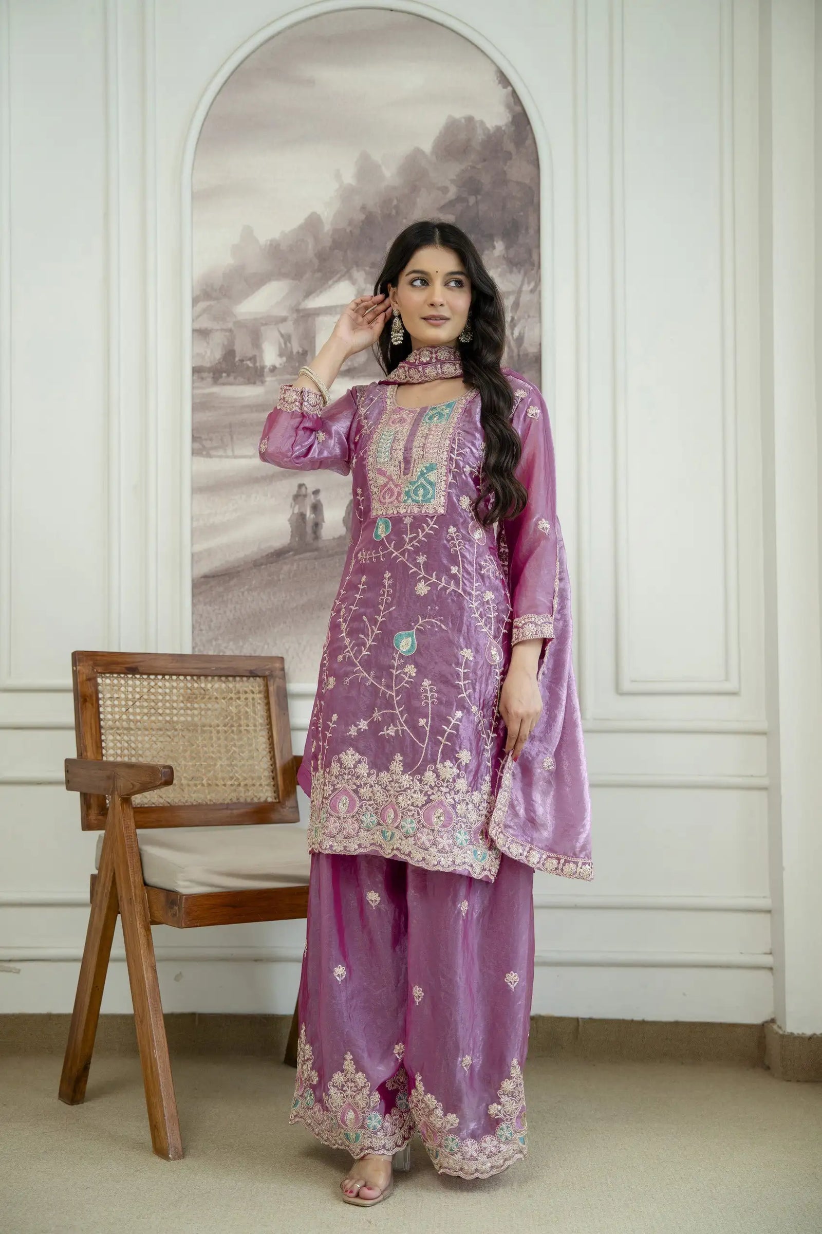 Mauve Sequins Embroidered Suit with Palazzo and Dupatta KU253 model shot